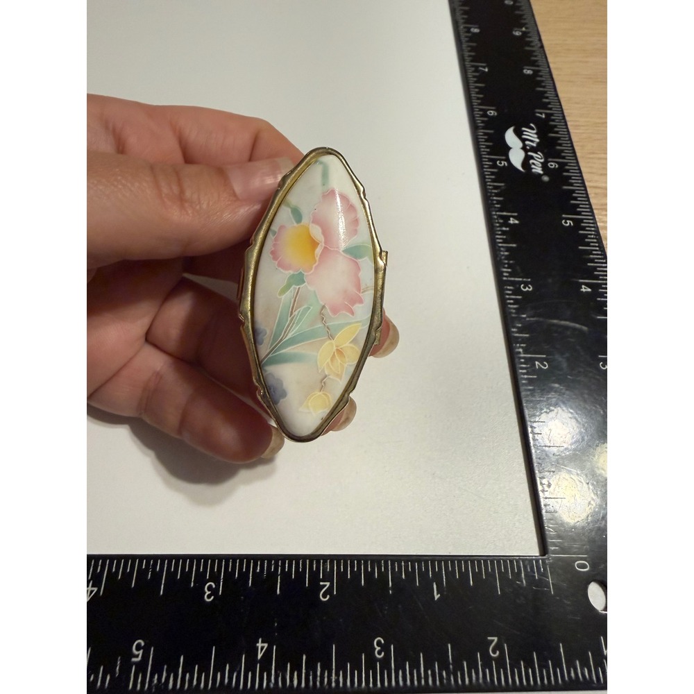 Floral Porcelain Gold Tone Hinged Lipstick Case Holder with Mirror Vintage Style